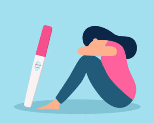 Sad teenager worrying about positive result on pregnancy test. You are pregnant concept vector illustration.